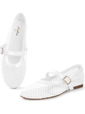 Women's White Mesh Flats Buckle Strap Mary Jane Ballerina Flats Fishnet Shoes